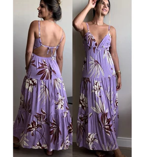 Vestido longo Feminino verão estampa farm costa nua alça amarrar