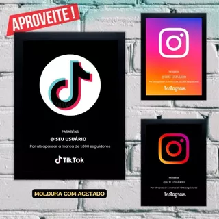 QUADRO PLACA DE COMEMORAÇÃO DE SEGUIDORES - INSTAGRAM, TIKTOK, PERSONALIZADO COM SEU USÁRIO