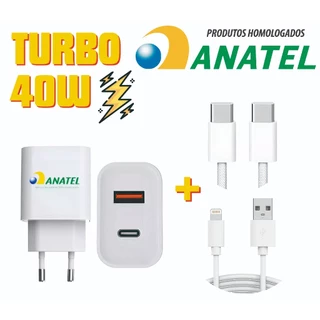 KIt Carregador 40w + 1-2 Cabo IOS Pd TIPO C Turbo Homologado Anatel iPhone X XR 11 12 13 14 15 Pro