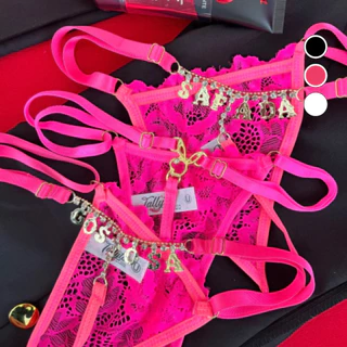 Tanga com Strass Pingente Lingerie Fio Dental com Regulagem Sexy Sensual Feminina
