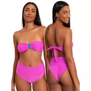 Biquíni Tomara que Caia com Fivela dourada e Hotpants, cós dobrável, Linha Blackout Transparencia, Cintura alta, Preto, Pink, Vintage, Poliamida, Forrado, Bojo Removível, Amarração nas Costas, Estilo, Clássico, Luxo, Praia, Piscina, Tendência