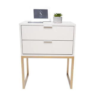 Mesa De Cabeceira Branca Industrial Eco 40cm Largura 2 Gavetas Base Dourado Enviamos Montado