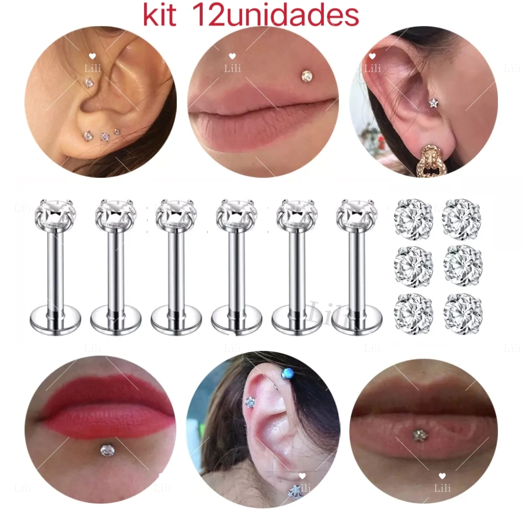 Kit 12 Piercing Labret Ponto De Luz 2.5mm Helix Tragus Conch Aco Cirurgico 6 8mm Shopee Brasil