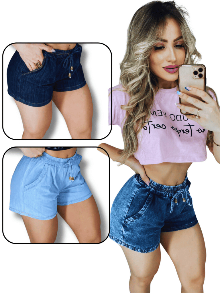 Shortinho com Elástico Jeans Feminino Marmorizado Escuro Blogueira | Shopee  Brasil