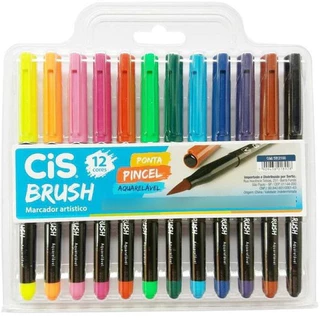 Caneta Brush Cis Ponta Pincel Aquarelável - Com 12 Cores