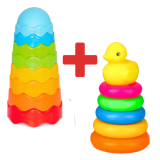 Kit De Brinquedo Infantil Interativo Educativo Para Bebe Torre Mágica + Pato de Argolas 1 ano
