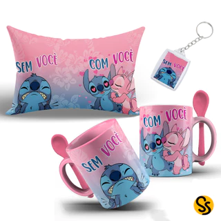 Kit Stich Caneca com Colher Almofada e Chaveiro Personalizados