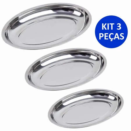Kit 3 travessa oval bandeja rasa inox 21 à 30 cm porção bar cozinha