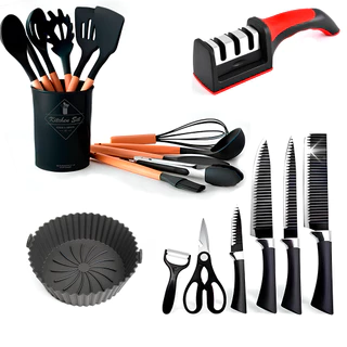 Cozinha Faqueiro Jogo De Talheres Jogo Utensílios, Kit Facas, Escumadeira, Cozinha Cor Preto 19 Peças