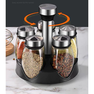 Porta Condimentos e Temperos Cozinha Giratório Suporte 6 Potes em Vidro Porta Tempero Condimento Inox Suporte + Suporte Giratório