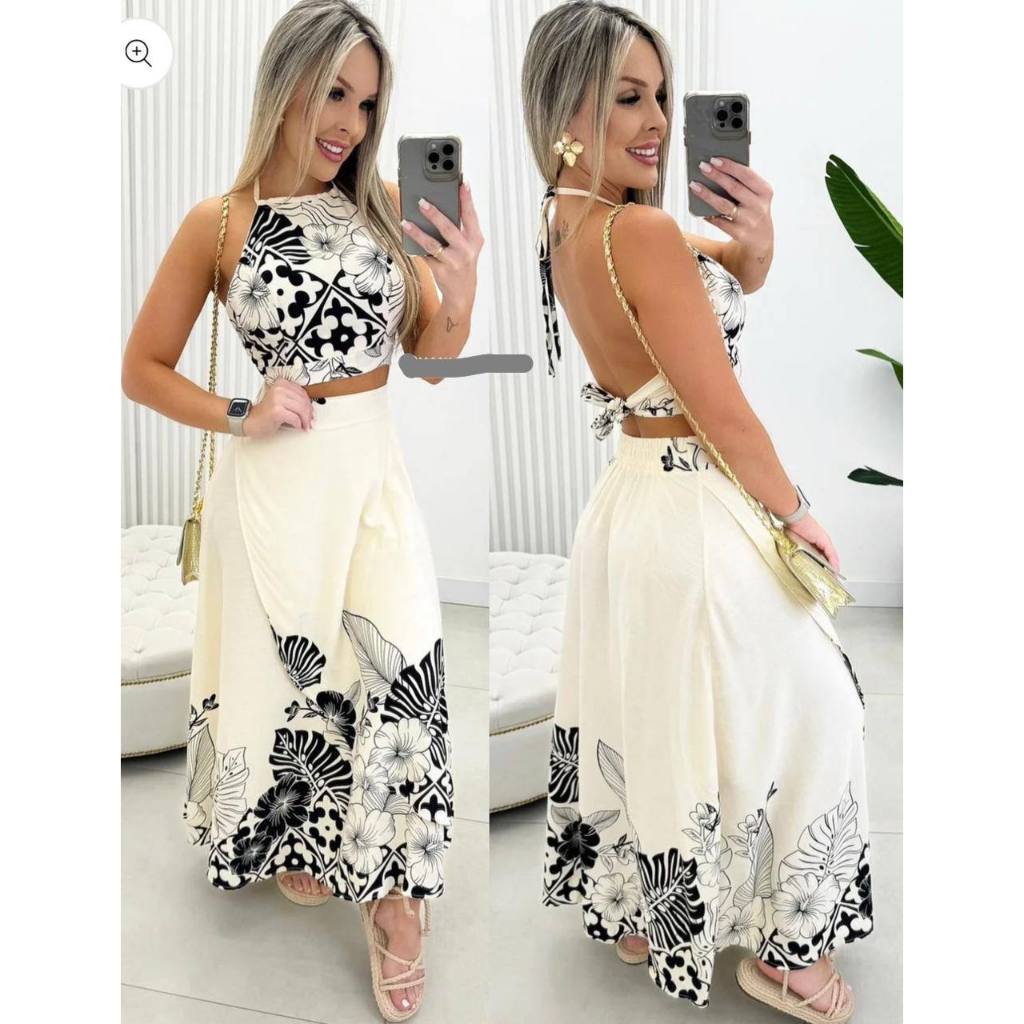 Conjunto Saia e Cropped estampa exclusiva moda verão 2025