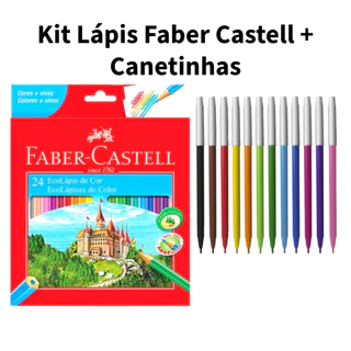 Kit Lápis de Cor Faber Castell 24 Cores + Canetinhas Hidrográfica 12 Cores Escolar