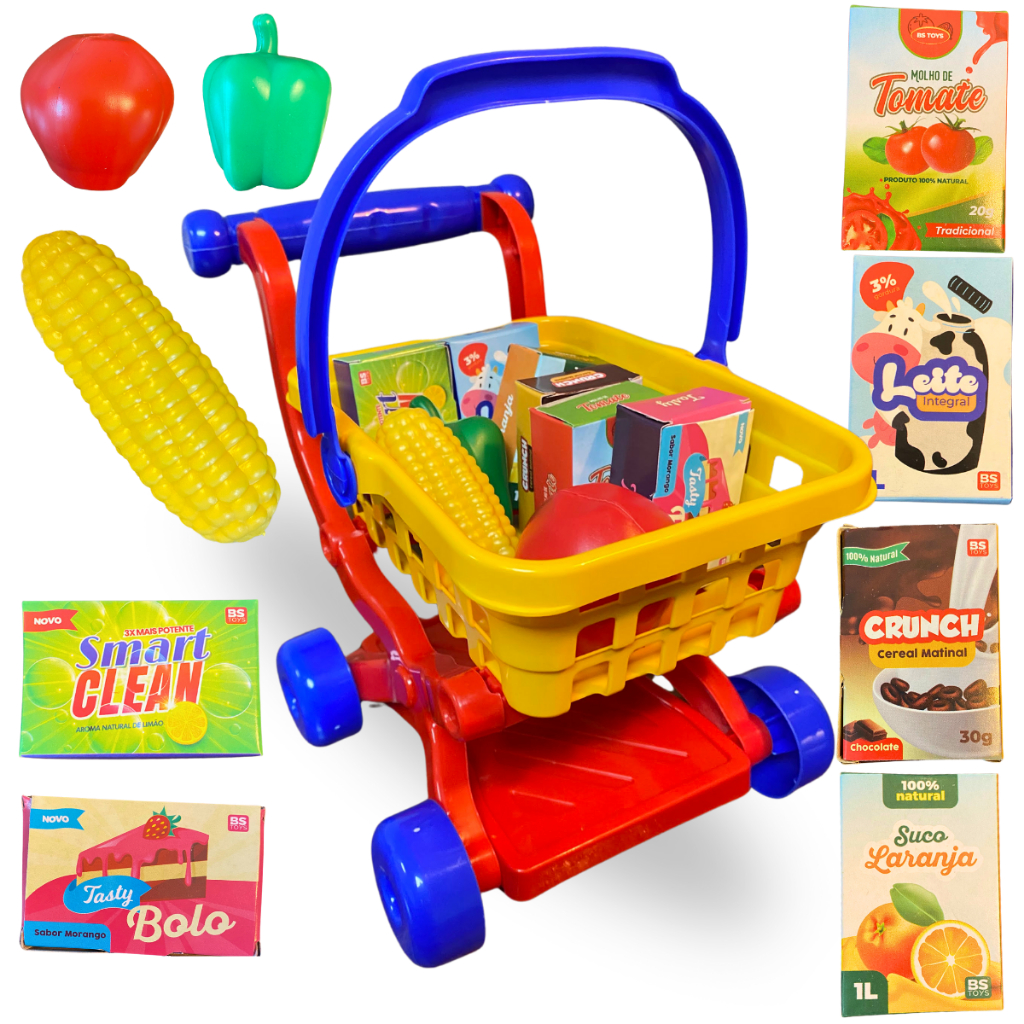 Kit Supermercado Cozinha Carrinho Infantil Criança Brincar Brinquedo Produtos