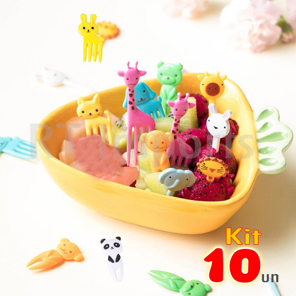 Kit 10 Garfinhos Petiscos Infantil Fruta Desenho Animado Queijos Lanche Lancheira Animais Crianças Divertido Reutilizavel