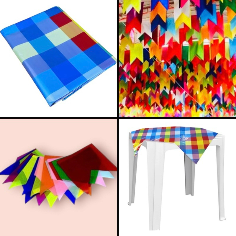 KIT Festa Junina 50 Metros Bandeirinha Seda + 10 Toalhas Xadrez COLORIDA 78x78//