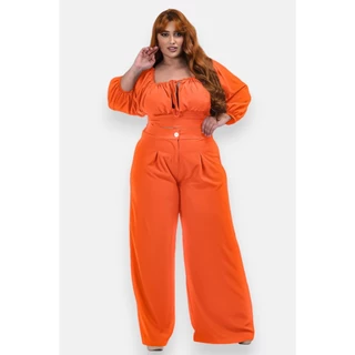 Conjunto Calça e Cropped Plus Size Social Festa Soltinho Flare Moda Outono Tamanhos Grandes XG EXG EXGG