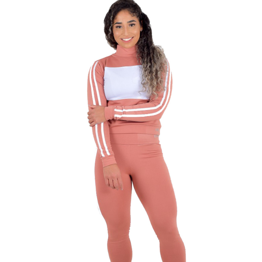 Conjunto Feminino Suplex Fitness Academia Listrado Flanelado Cor Rosê Promoção