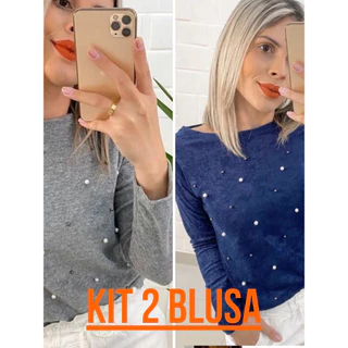 kit 2 Blusa de Lãnzinha com Pérolas Feminina Blusinha Manga Longa Suéter
