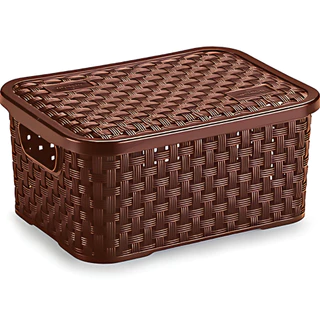 Cesto Rattan Retangular Pequeno Plástico Organizador Casa Multiuso Com Tampa 2,5 Litros Marrom