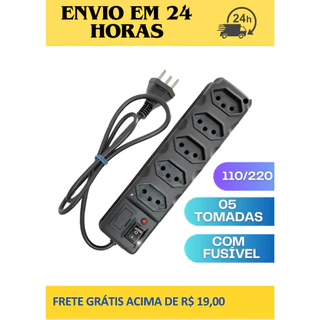 Filtro de linha, régua de 5 tomadas, cabo 85cm, tripolar 10 Amperes com fusível e chave liga e desliga - Extensão elétrica