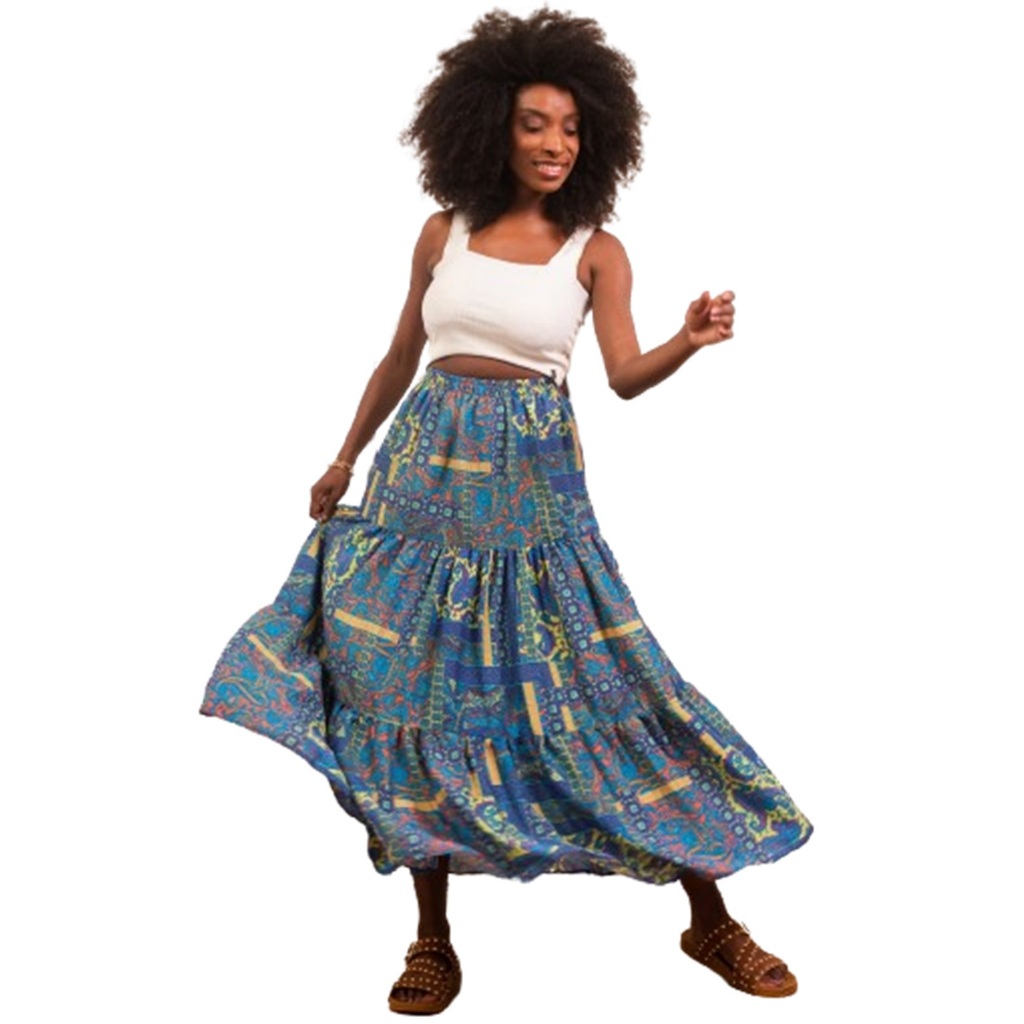 Saia Longa Estampada Moda Boho Chic Preta Luxo Estilo Indiana | Shopee ...