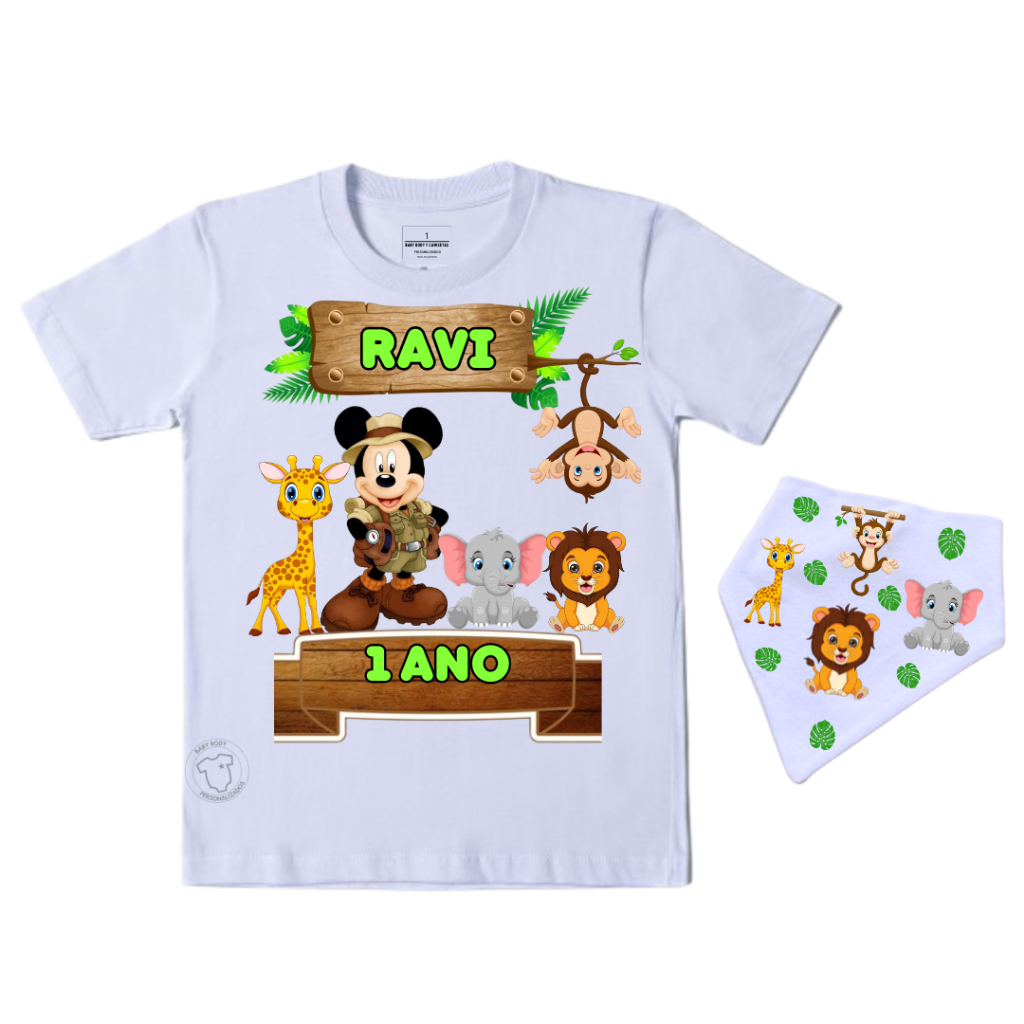 a anos Camiseta Infantil Safari Mickey e Minnie personalizado