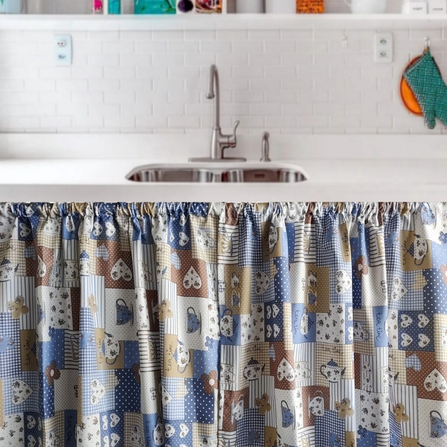 Cortina para Pia Cozinha Varão Passante 1,40m x 0,80cm Tecido Estampado