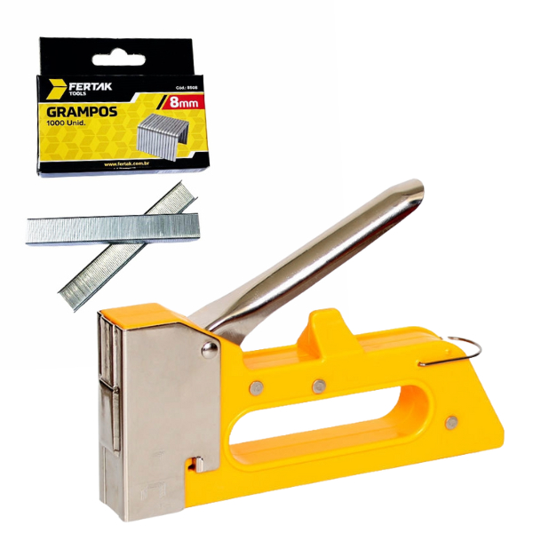 Grampeador de Tapeceiro + 1000 Grampos 8MM Alta Pressão Profissional Tapeçaria Estofado Artesanato