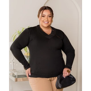 Blusa De Frio Trico Basica Decote V Plus Size GG Manga Longa