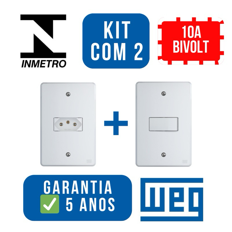Kit Tomada e Interruptor Botão Liga Desliga 10A Parede WEG 4x2 Bivolt ...