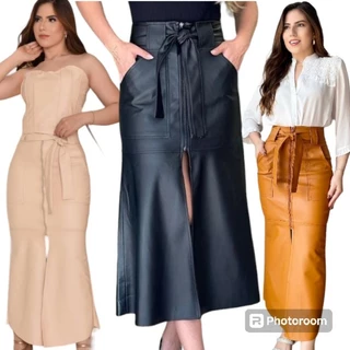 saia longa - saias evangélicas - moda jovem - couro fake - com fenda - feminina - social - courino