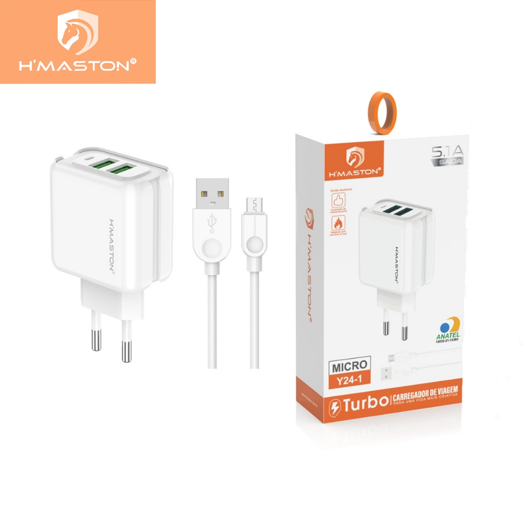 H'maston Y24 Carregador Turbo 25w Fonte Torre Carregar Celular Portátil 2 Usb 5.1A Com Cabo Usb Para MicroUSB Compatível Android, V8