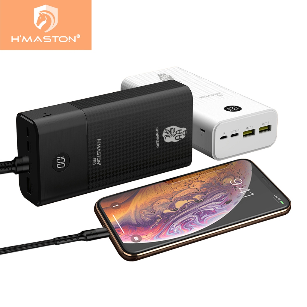 H'maston Kit Carregador Portátil Power Bank 30000 mAh Rápido Pn-899 Universal Bateria Celular Com Visor Eletrônico LED E USB, Lightning, USB Tipo C, Micro USB Compatível