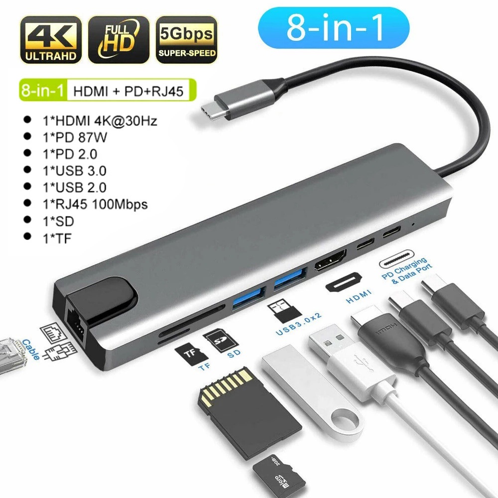 Hub Adaptador Tipo-c 8 Em 1 Hdmi 4k Usb 3.0 Para Laptop Adaptador PC Computador PD Carga 8 Portas Dock Station RJ45 HDMI TF/SD Card Notebook-Tipo Compatível MacBook/iPad Pro 2018/Dell XPS