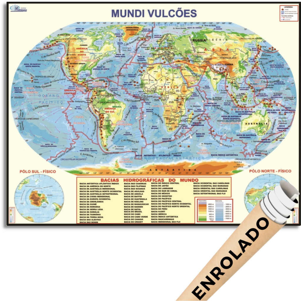 Mapa Mundi Vulcões precipitações Zonas Sísmicas Mundo Poster Geográfico ...