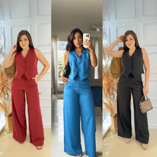 Conjunto na Alfaiataria Calça Pantalona + Colete Social Escritório Plus SIze