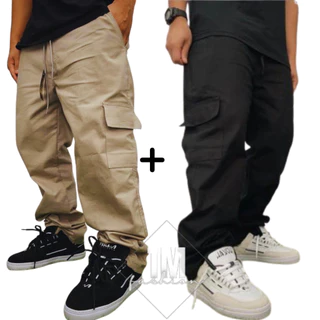 2 Calça Cargo Larga Unissex 6 Bolsos Esportiva Lisa Jeans Masculino Feminino Sarja