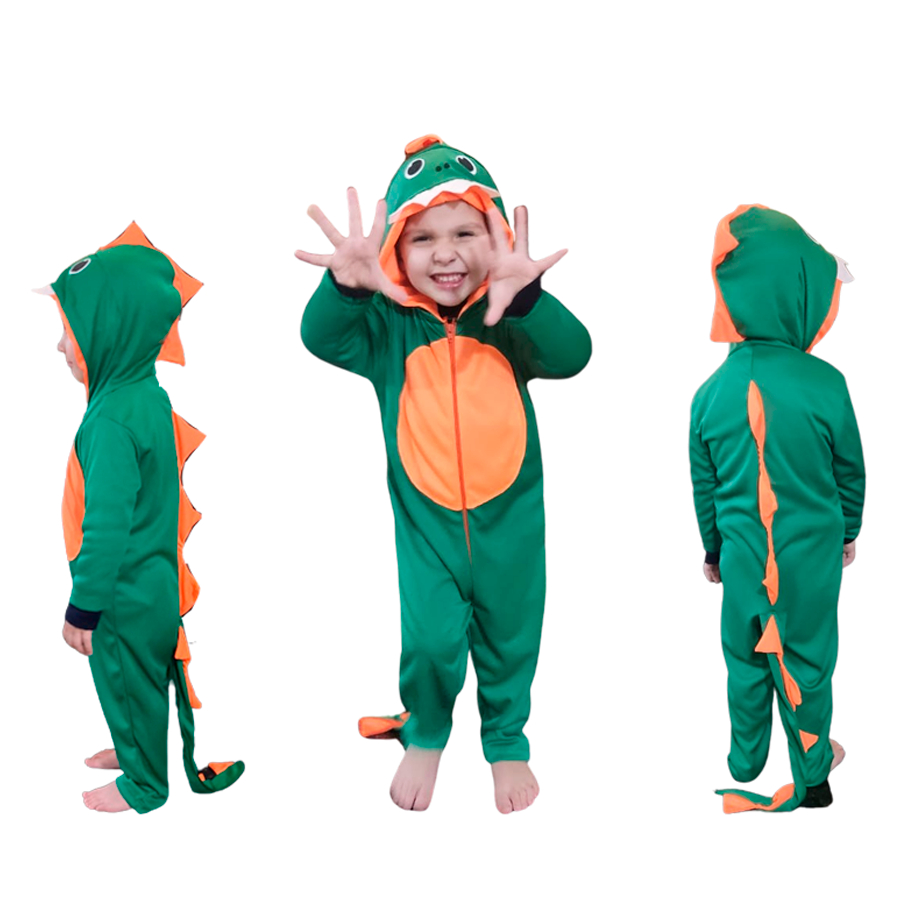 Fantasia Dinossauro Infantil Menino Luxo Longo Verde Kigurumi