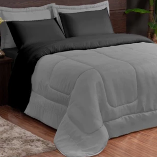 KIT EDREDOM CONFORTO CASAL KING DUPLA FACE VÁRIAS CORES 06 PEÇAS PROMOÇÃO ! ( PRETO COM CINZA )