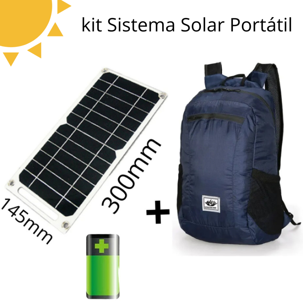 Kit Painel Sistema Solar Portátil ar Livre + Mochila Viagens Escola Carregador Android IOS Celular