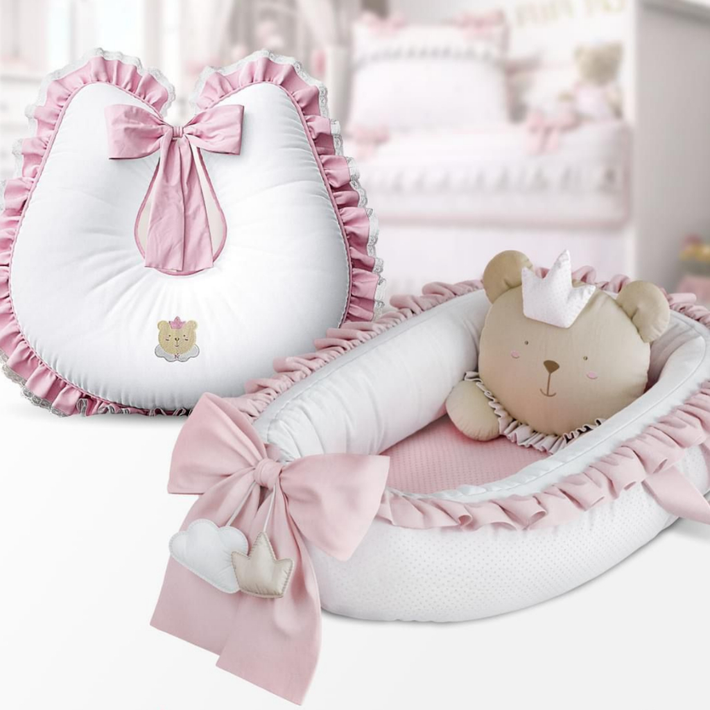 Ninho Redutor de Berço C/ Almofadinha Decorativa + Almofada Amamentação 100% Algodão 180 Fios