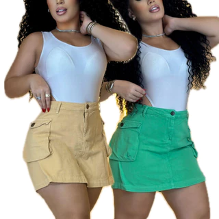 Kit 2 Short Saia Feminino Color 100% Algodão Sem Lycra Feminina Bolso Cargo