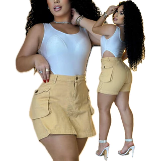 Short Saia Feminino Color 100% Algodão Sem Lycra Feminina Bolso Cargo