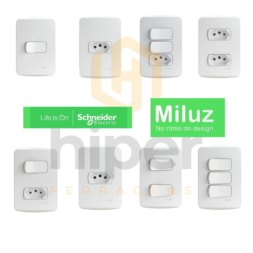 Conjunto Tomadas 10A/20A Interruptores Paralela/Simples Placa Cega Schneider miluz