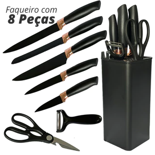 Conjunto Facas Designer Clean Luxo C/Base Suporte Antiaderente 8 Peças