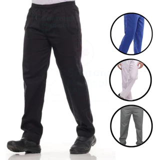Calça com elástico na cintura, material em brim. Perfeito para uso profissional.