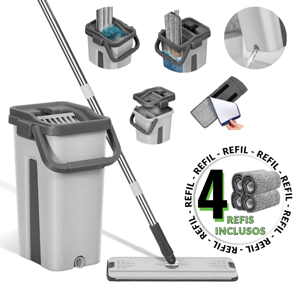 Mop Flat Quadrado Lava E Seca Com Balde De 8 Litros e 4 Refis Extras de Microfibra Lava Seca Tira Pó