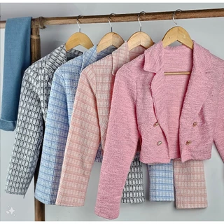 Blazer Feminino Tweed - Jaqueta/Casaco Estilo Curto Tweed Moda Coreana 2024