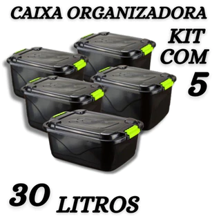 Kit 5 Caixas Organizadoras 30l Grande C/Tampa e Trava Organizador Multiuso