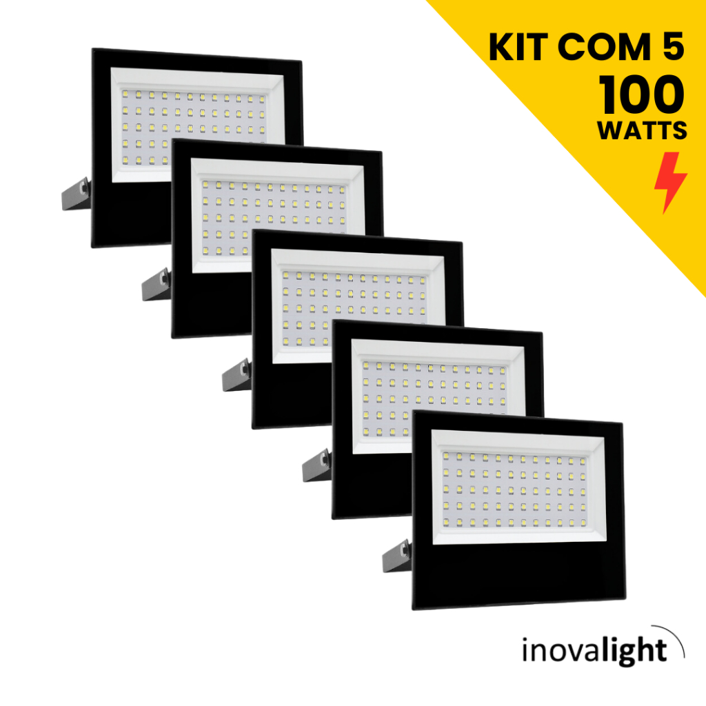Kit 5 Refletor Led Smd 100w Holofote Bivolt IP66 Frio